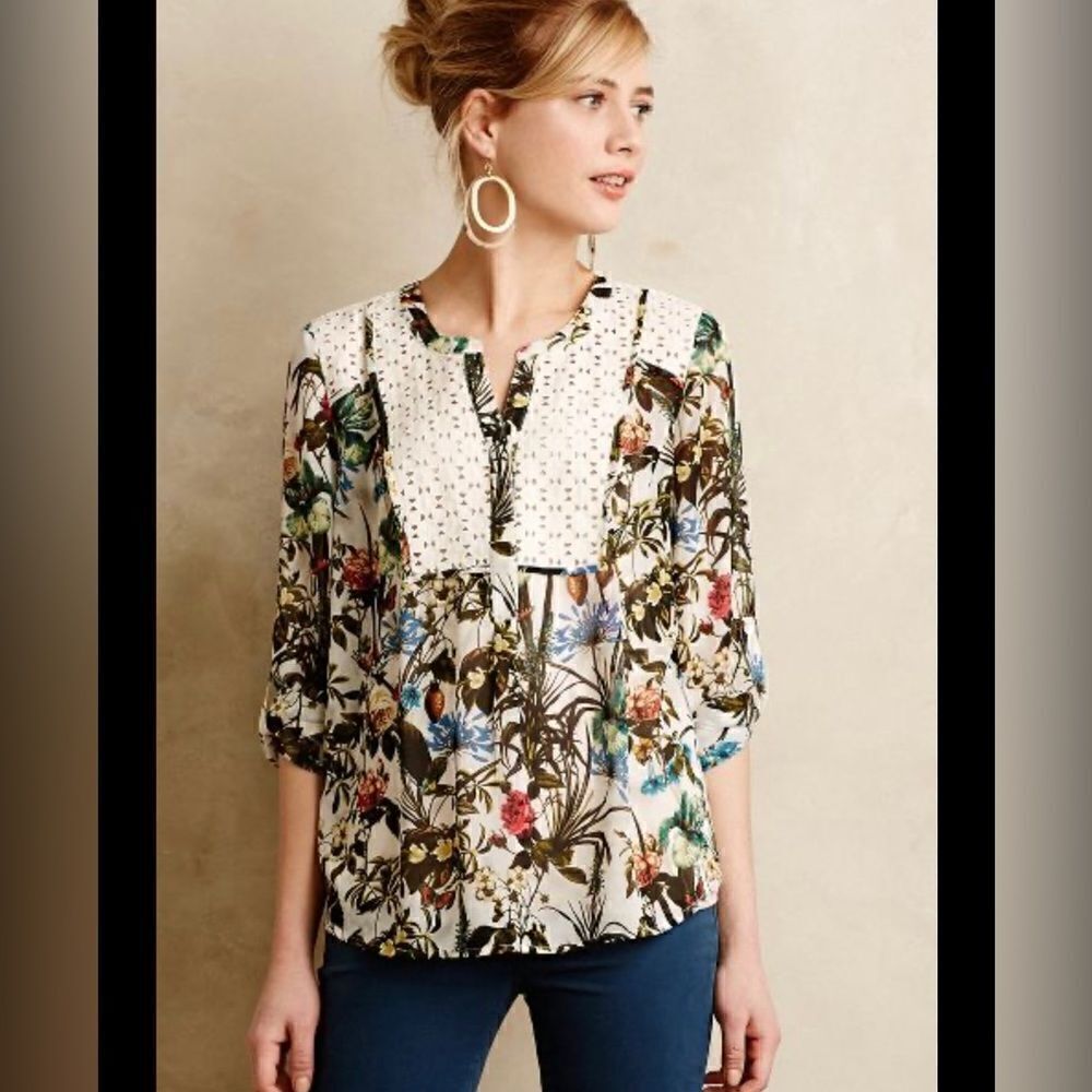 Meadow Rue Floral Printed Blouse in Cream, Green, Blue, Pink
